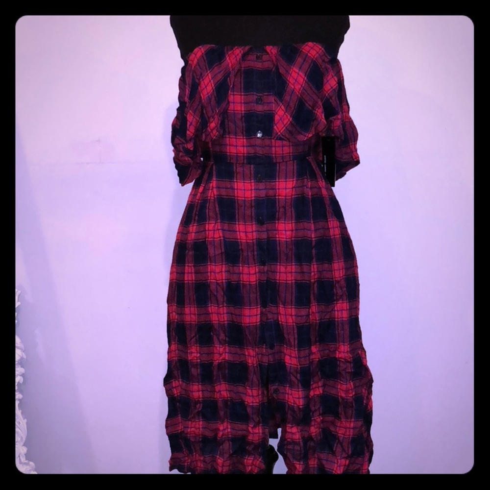 Plaid off the shoulder midi dress